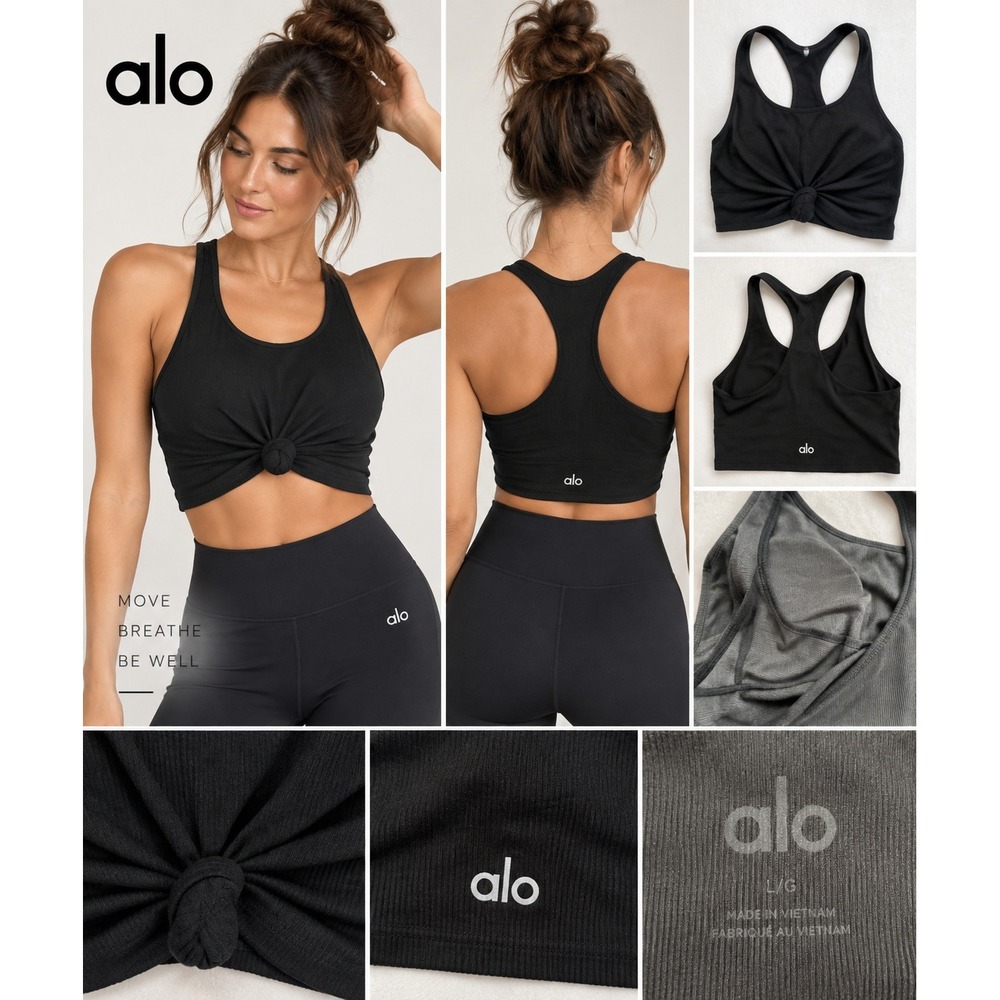 Alo Yoga Knot Tank Top Womens Large Black Ribbed Racerback Front Tie Crop Top